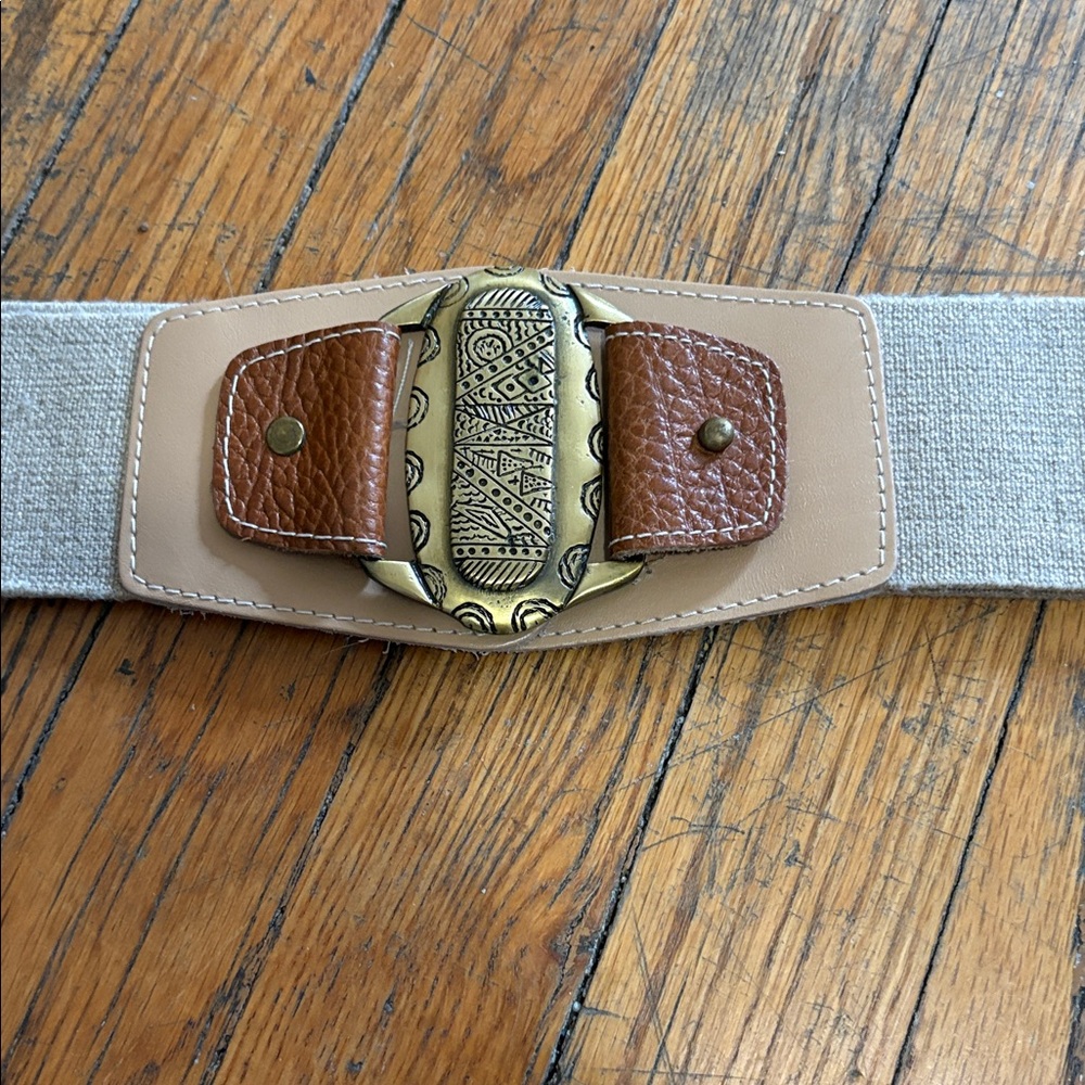 🏜️👗🐄Vintage 90s LEATHER SHOP Tribal Women's Stretch Belt Boho Metal Buckle Large